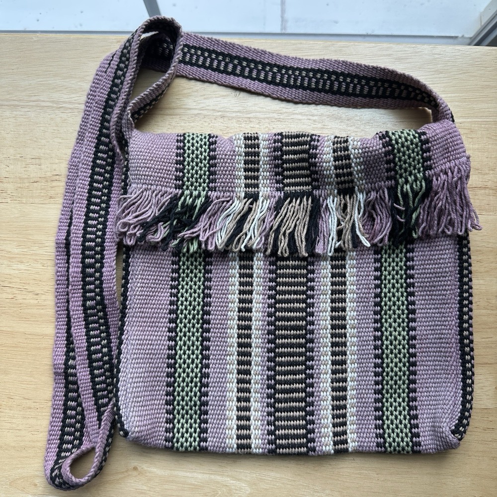 Woven Crossbody Shoulder Bag 9x10 Inch Purple Green Black Stripes Boho Hippie